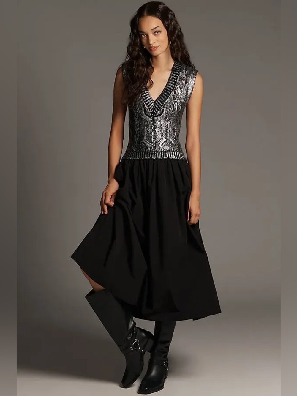 ANTHROPOLOGIE Pilcro V-Neck Foil Twofer Midi Dress XXS Black/Silver Foil $188
